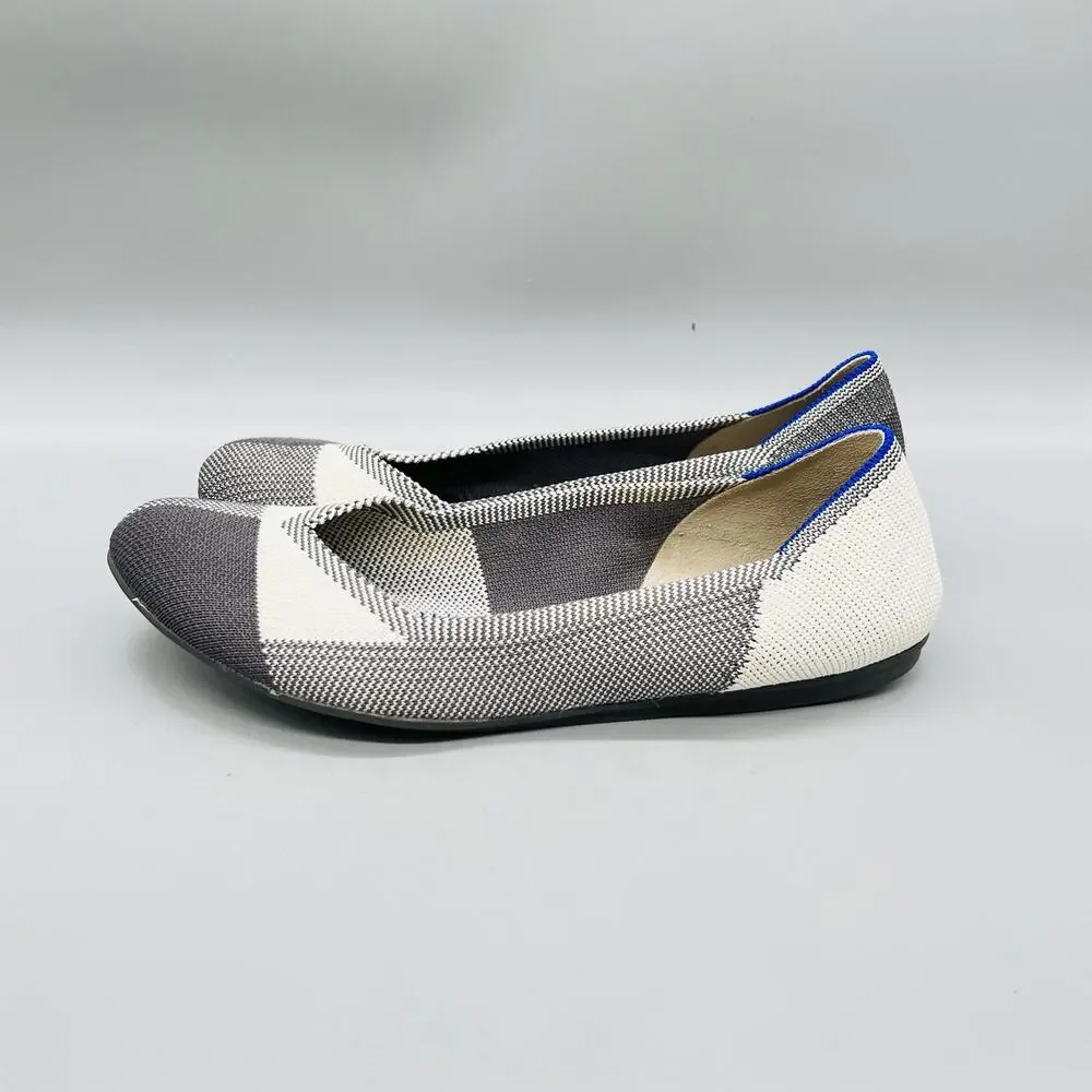 Rothy's Shoes Womens 8.5 Gray White Knit The Flat Ballet Flats Slip On Comfort